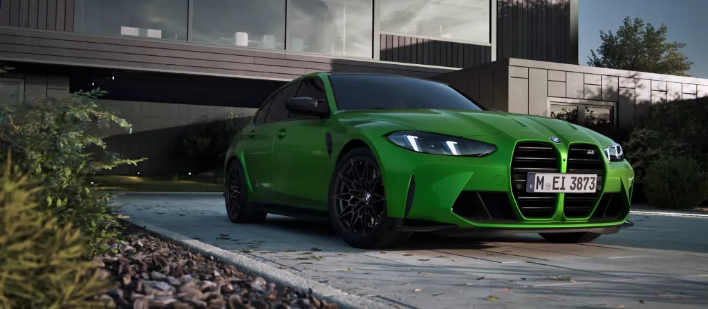 BMW M3 세단 전면부 측면 앵글 촬영 사진