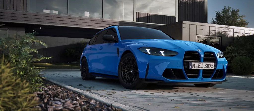 BMW M3 컴페티션 투어링 측면 프로필 및 휠 디테일 촬영 사진