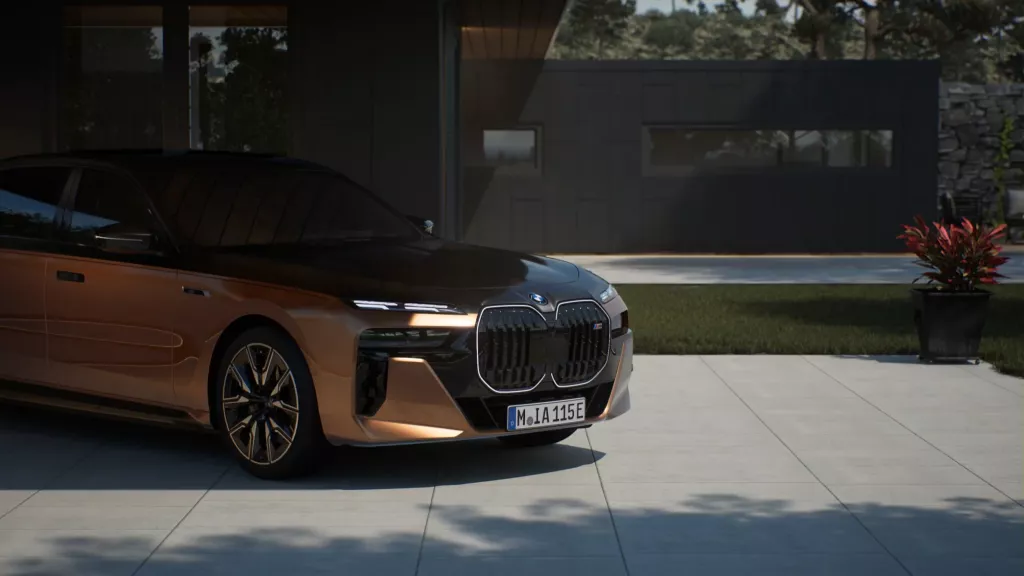 BMW i7 M70 xDrive 급속 충전 단자에 케이블이 연결된 모습